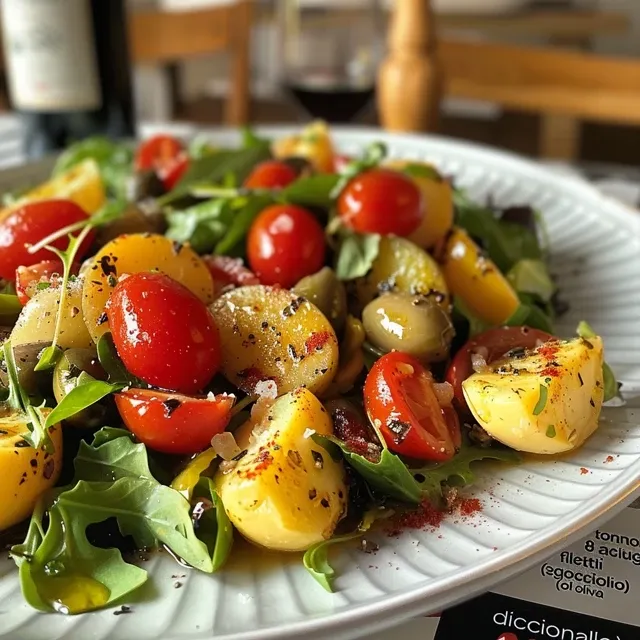 A vibrant Salade niçoise with colorful ingredients including tomatoes, olives, and green beans.