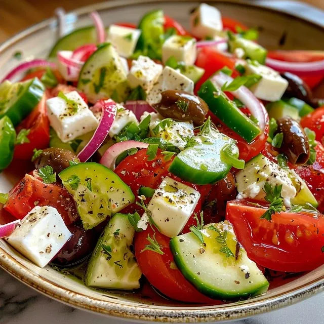 Close-up view of a vibrant Greek salad featuring fresh vegetables and feta cheese.