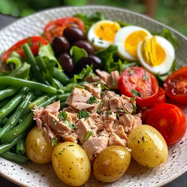 Close-up side view of a colorful Light Canned Tuna Nicoise Salad with vibrant ingredients.