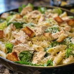 Close-up view of a Chicken Caesar Salad with homemade croutons, garnished with parsley.