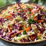 Close-up view of a vibrant bowl of healthy coleslaw featuring green and red cabbage, carrots, and a creamy dressing.