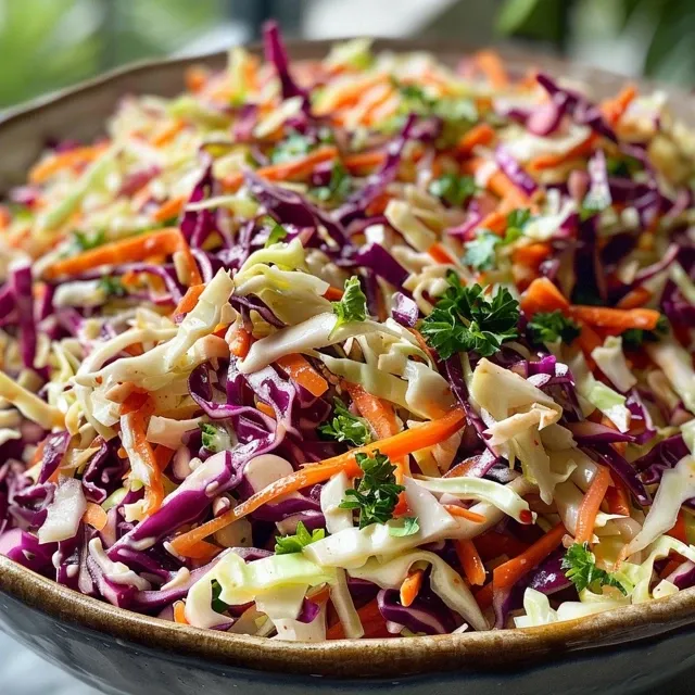Close-up view of a vibrant bowl of healthy coleslaw featuring green and red cabbage, carrots, and a creamy dressing.
