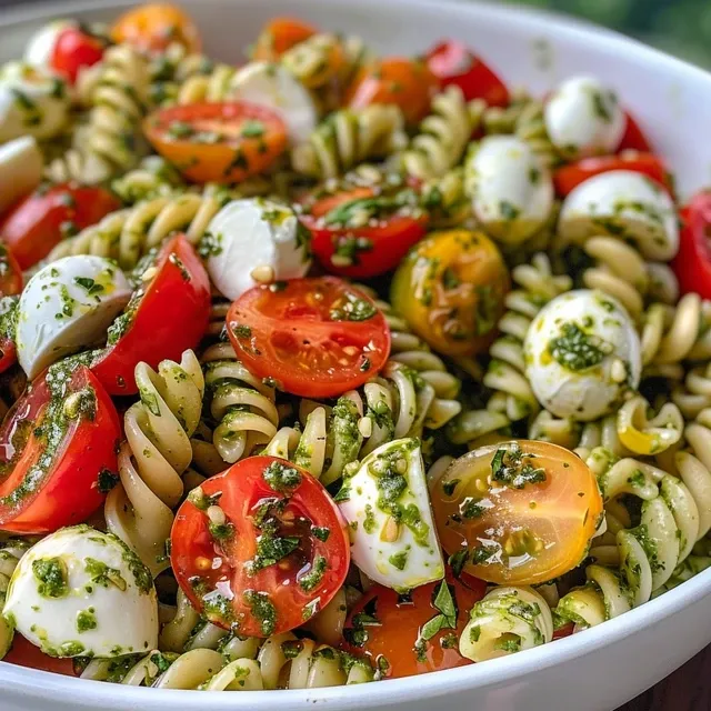 Brighten Your Summer with This Vibrant Pesto Caprese Pasta Salad! Close-up view of a colorful Pesto Caprese Pasta Salad with cherry tomatoes, mozzarella, and basil.