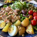 Close-up view of Tuna Nicoise salad with vibrant colors and textures.
