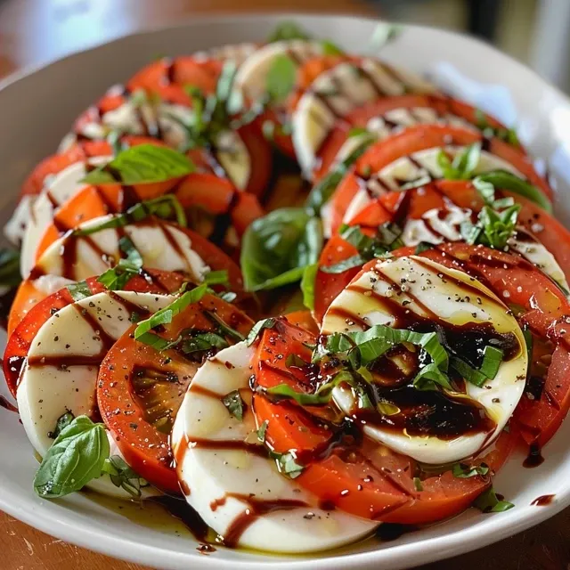 Side angle of a fresh Italian Caprese salad showcasing layers of tomatoes, mozzarella, and basil leaves.