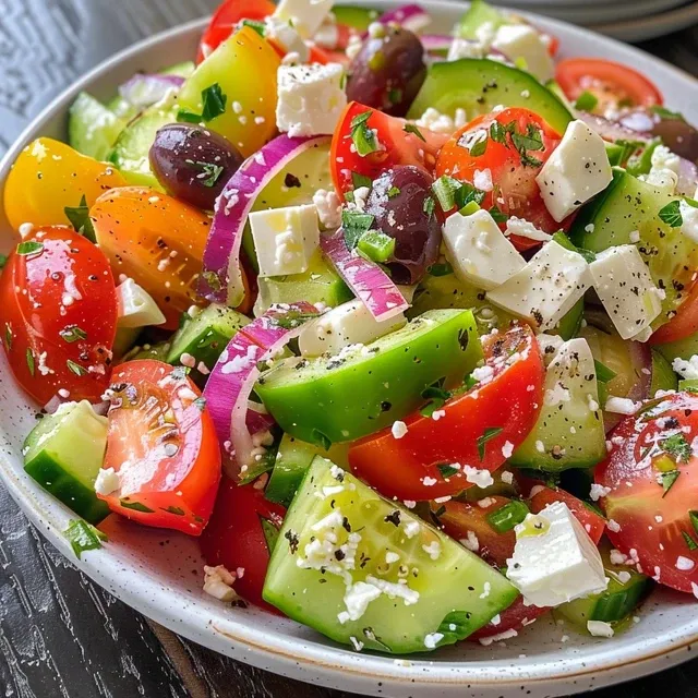 A colorful assortment of Greek salad ingredients arranged beautifully, highlighting the fresh produce.