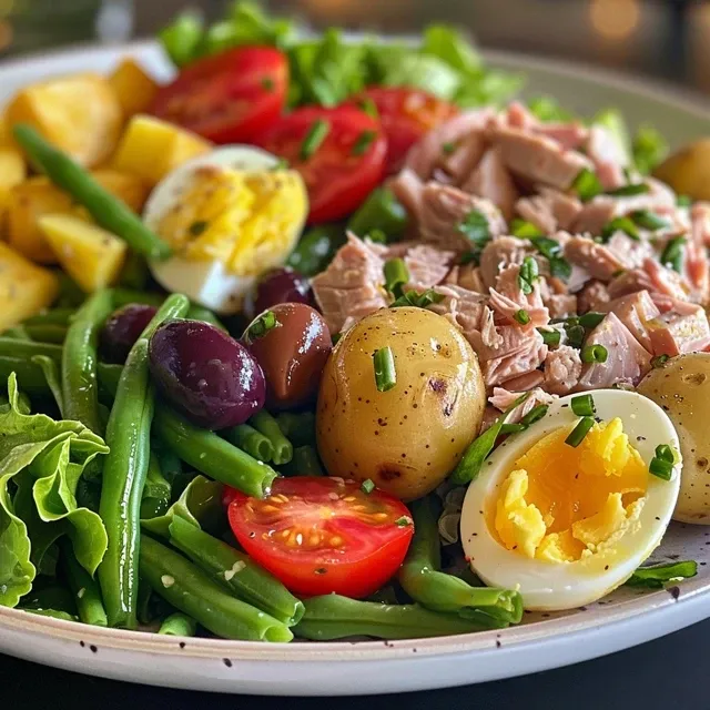 A delicious Light Canned Tuna Nicoise Salad featuring baby potatoes, green beans, and olives.