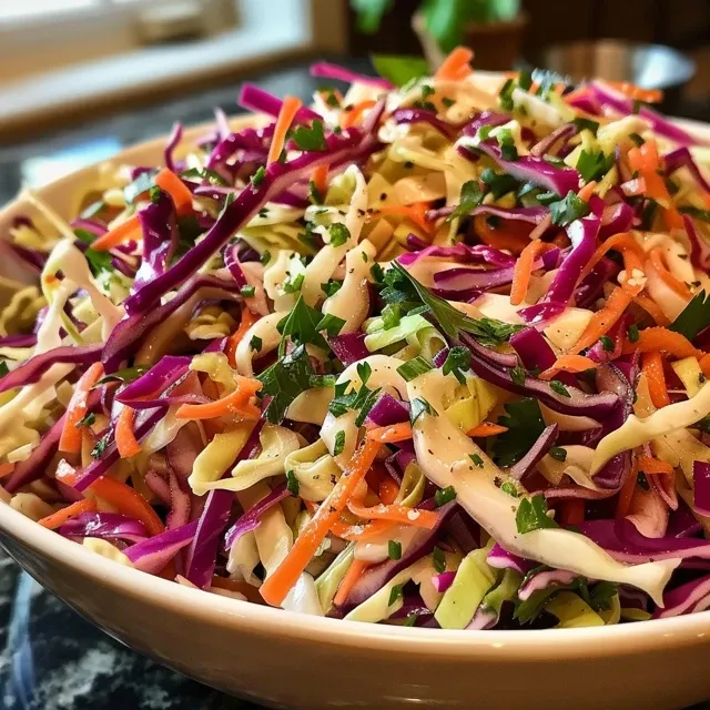 Side angle photo of colorful coleslaw with shredded vegetables including green cabbage, red cabbage, and carrots.