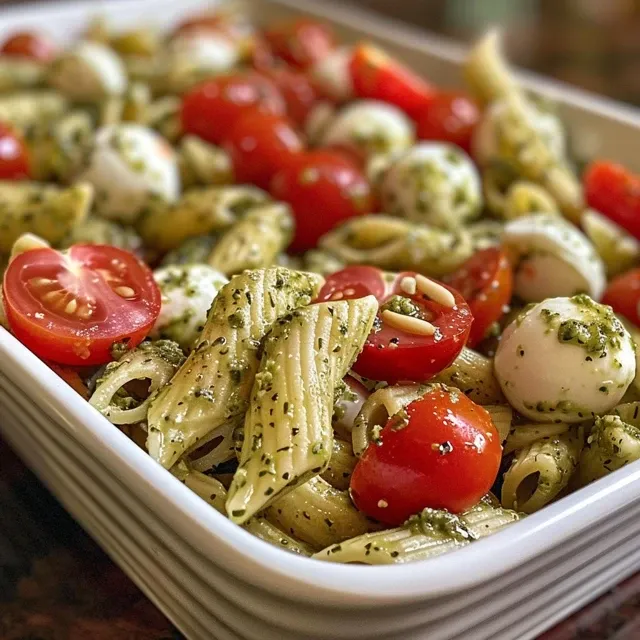 Vibrant Pesto Caprese Pasta Salad featuring pasta, fresh mozzarella, and green basil leaves.