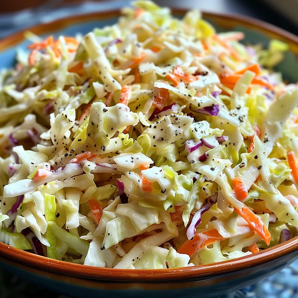 A side view of a fresh coleslaw dish featuring creamy dressing and colorful vegetables.