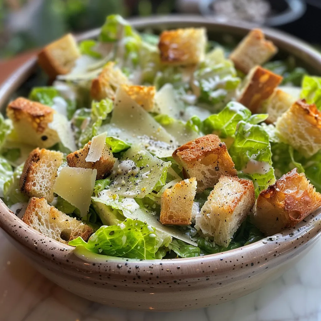 Side-angle shot of a vibrant Caesar salad featuring romaine, garlic, and anchovy paste.