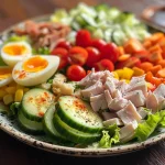 Close-up view of a colorful Chef Salad with mixed lettuce and fresh vegetables.