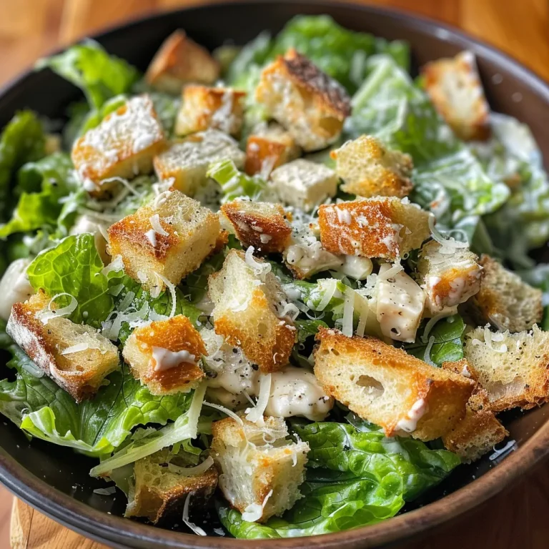 Close-up view of a Classic Caesar Salad featuring romaine lettuce, croutons, and grated Parmesan.