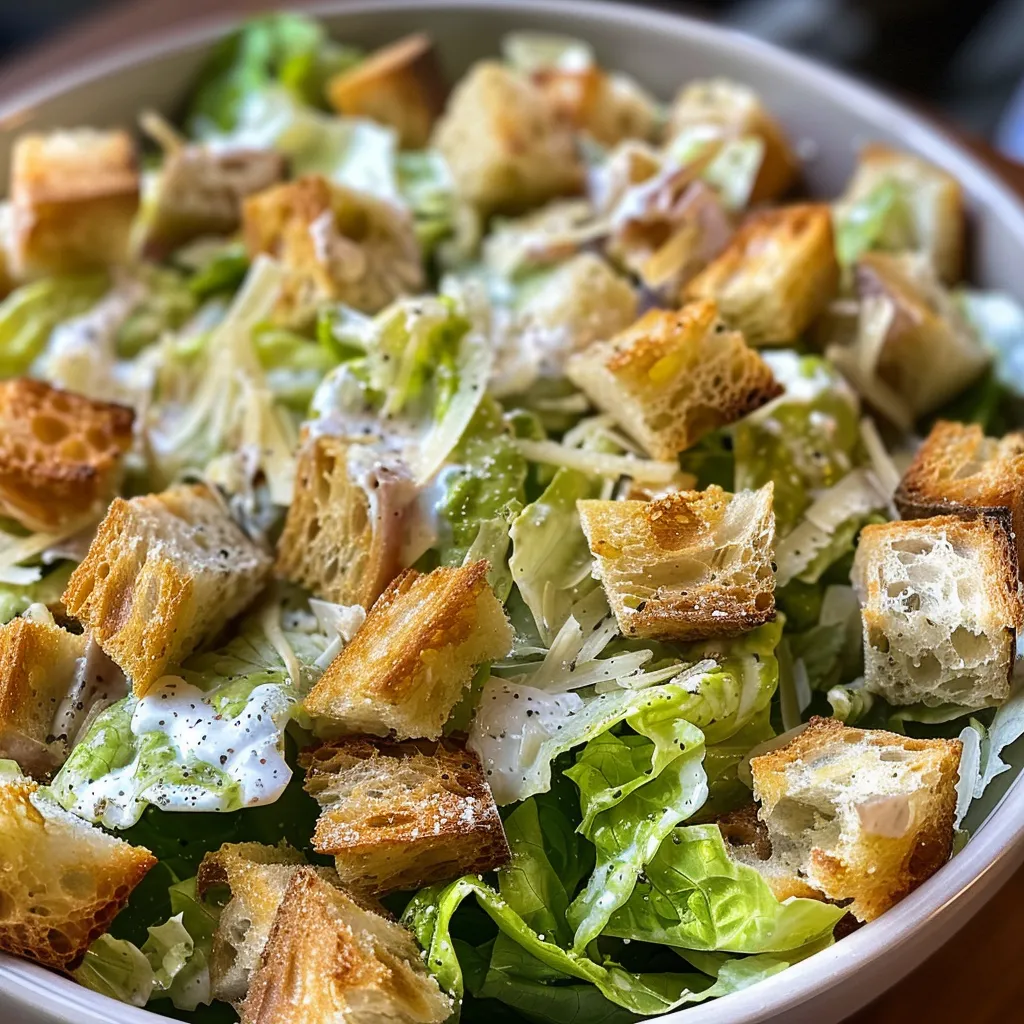 A vibrant Classic Caesar Salad displayed side view with fresh greens, croutons, and dressing glistening.