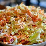 Close-up view of creamy coleslaw featuring shredded cabbage and carrots.