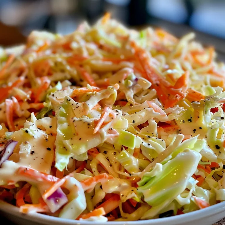 Close-up view of creamy coleslaw featuring shredded cabbage and carrots.