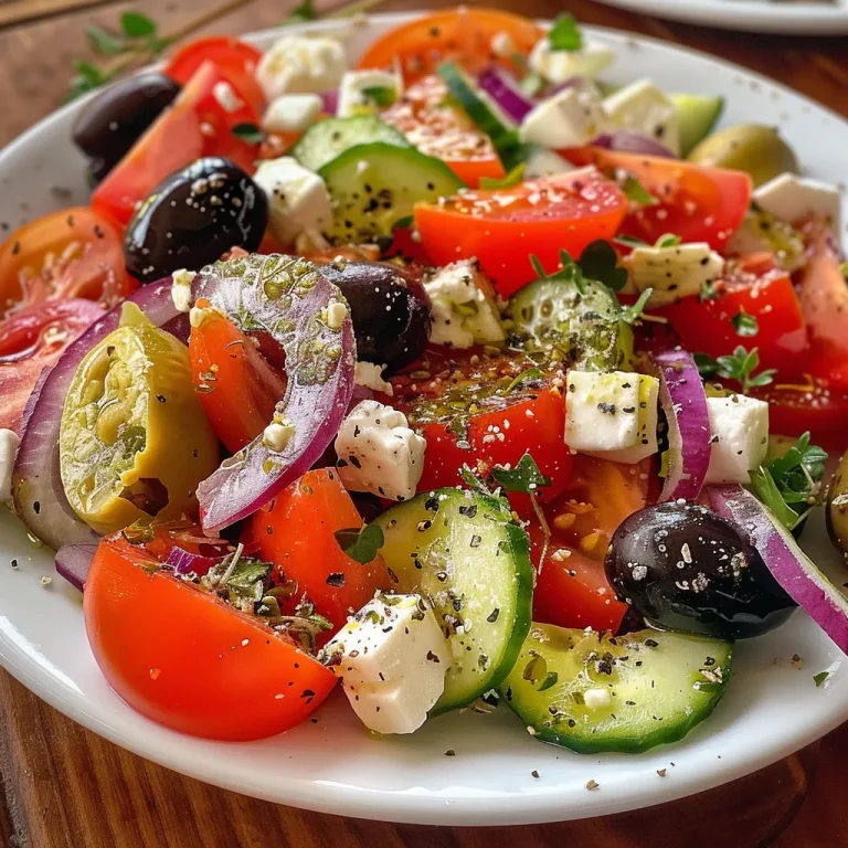 Close-up of a vibrant Greek salad featuring sliced tomatoes, cucumbers, red onions, Kalamata olives, and feta cheese.