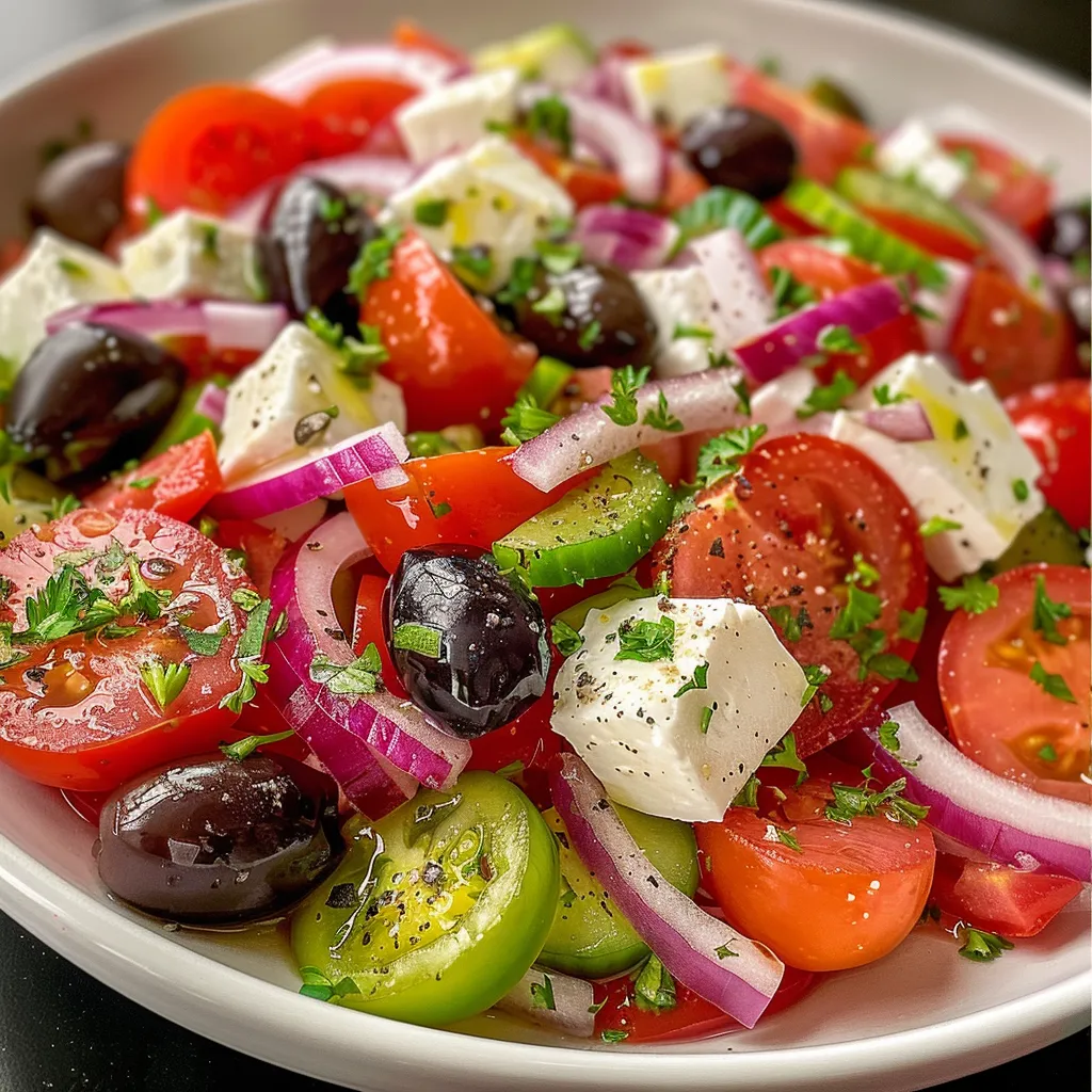 Side view of a colorful Greek salad with diced cheese, olives, tomatoes, and cucumbers arranged in a bowl.