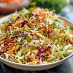 Close-up of creamy coleslaw with vibrant green cabbage and orange carrot.