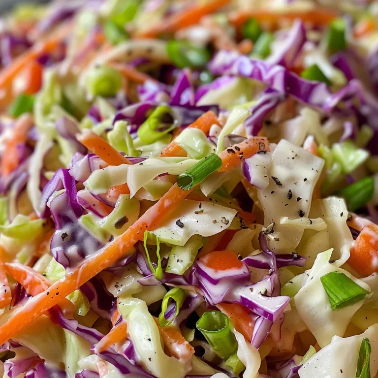 Vibrant Coleslaw with a Creamy Twist: Your New Side Dish Superstar! Close-up of a vibrant creamy coleslaw with green and red cabbage, carrots, and green onions.