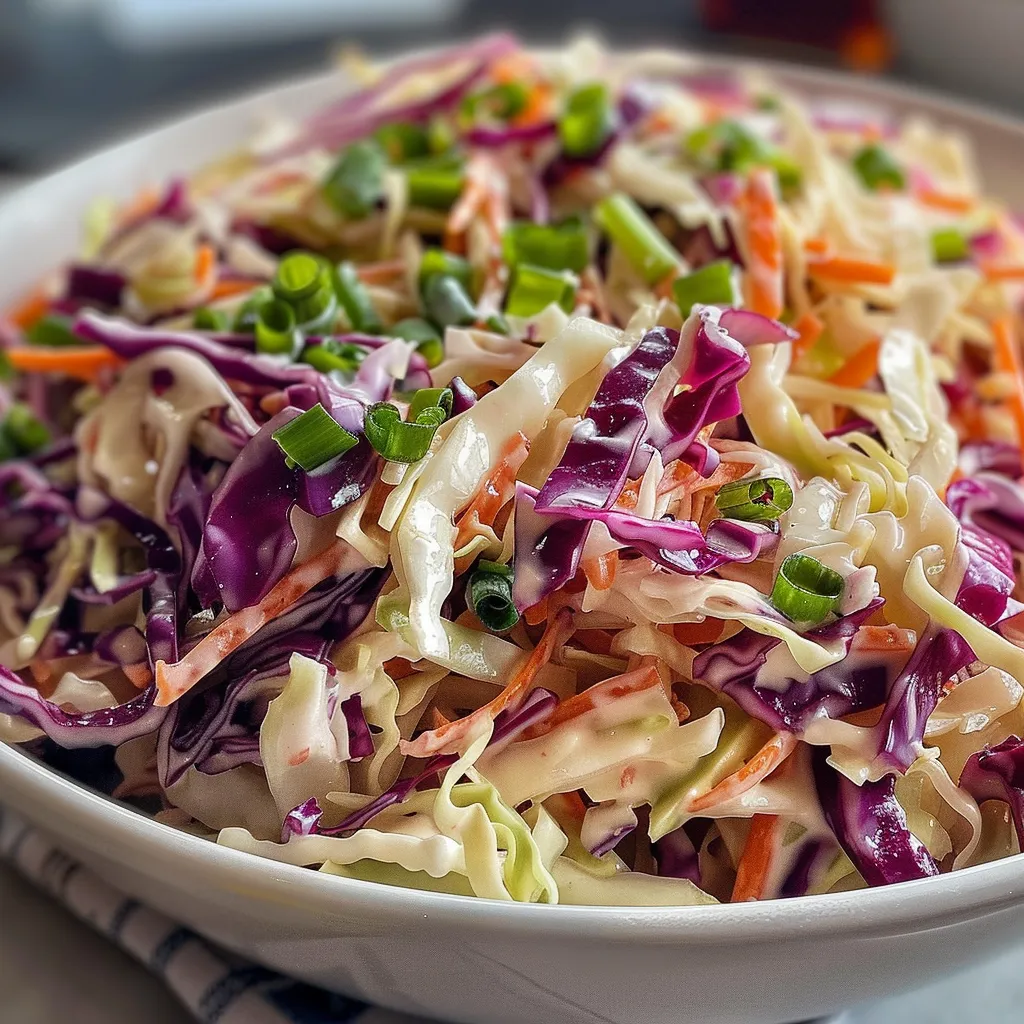 A side view of a bowl filled with fresh, colorful coleslaw topped with a creamy dressing.