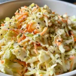 Close-up view of a bowl filled with creamy coleslaw, showcasing shredded cabbage and grated carrots.