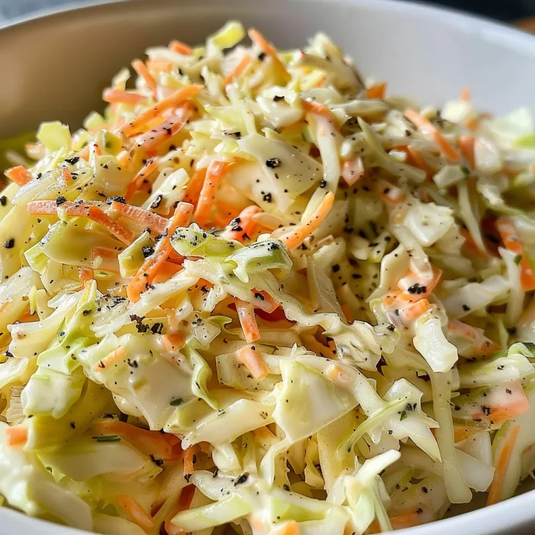Close-up view of a bowl filled with creamy coleslaw, showcasing shredded cabbage and grated carrots.