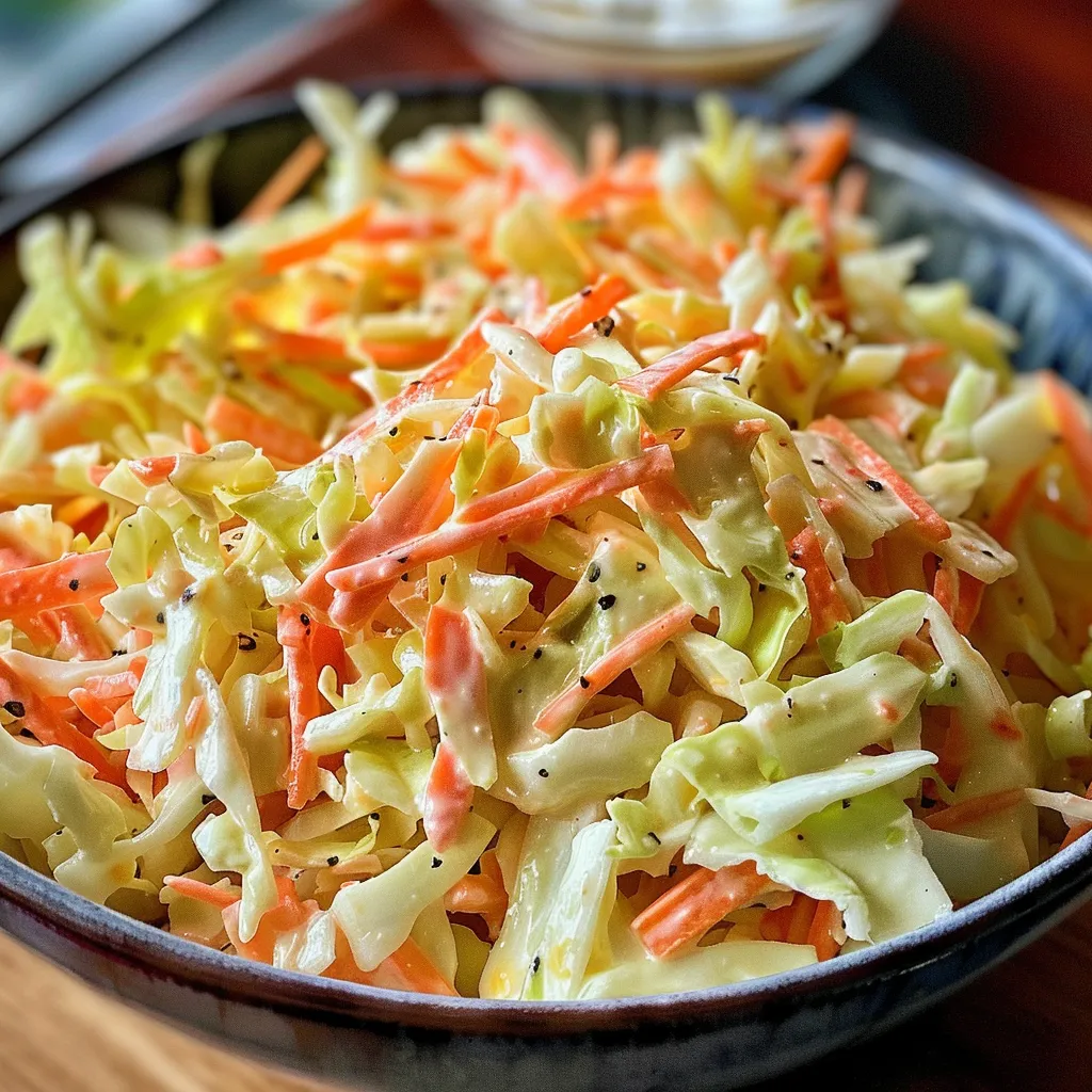 Side view of a bowl of creamy coleslaw with a rich texture and vibrant ingredients.