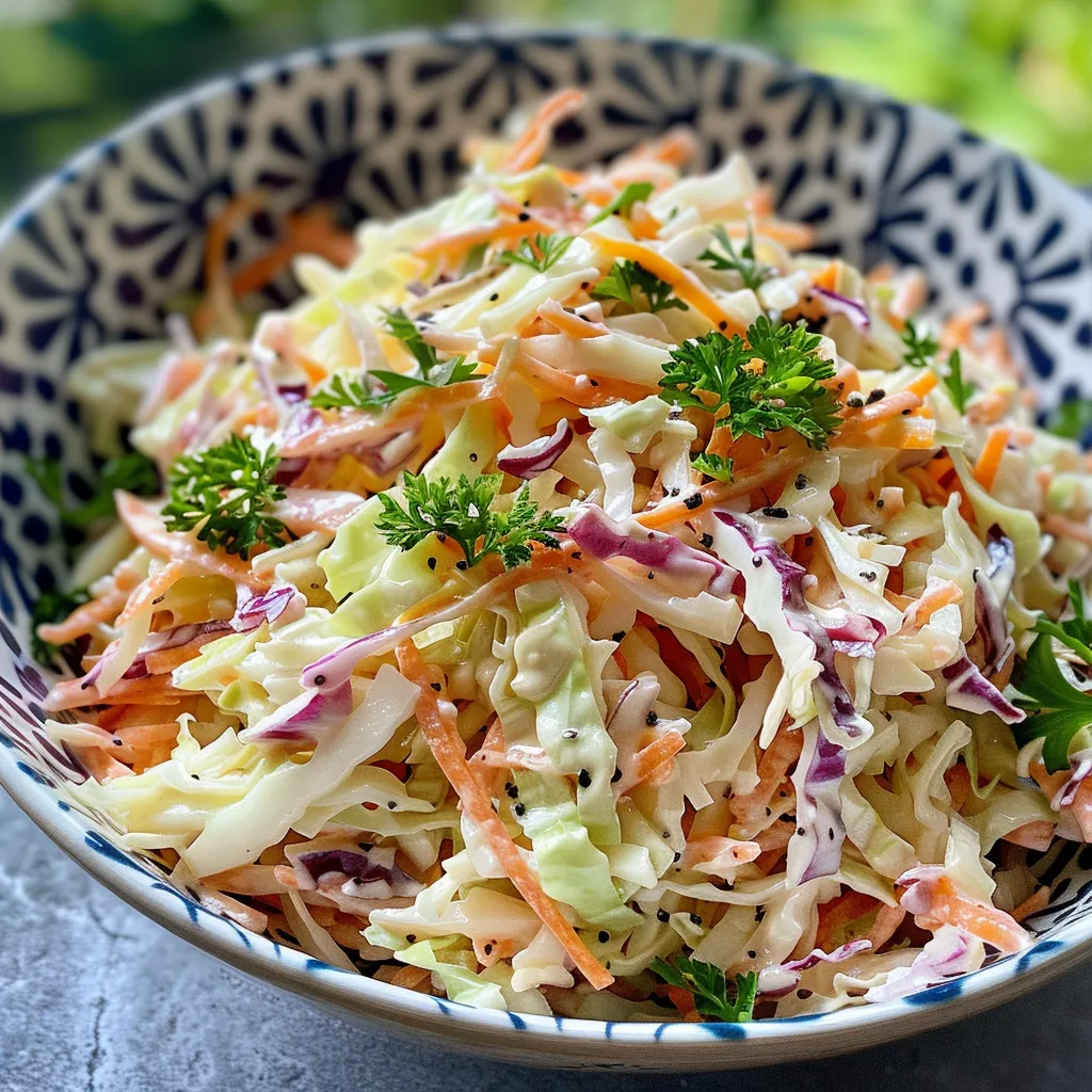 Side angle of a vibrant coleslaw dish, highlighting fresh ingredients and creamy dressing.
