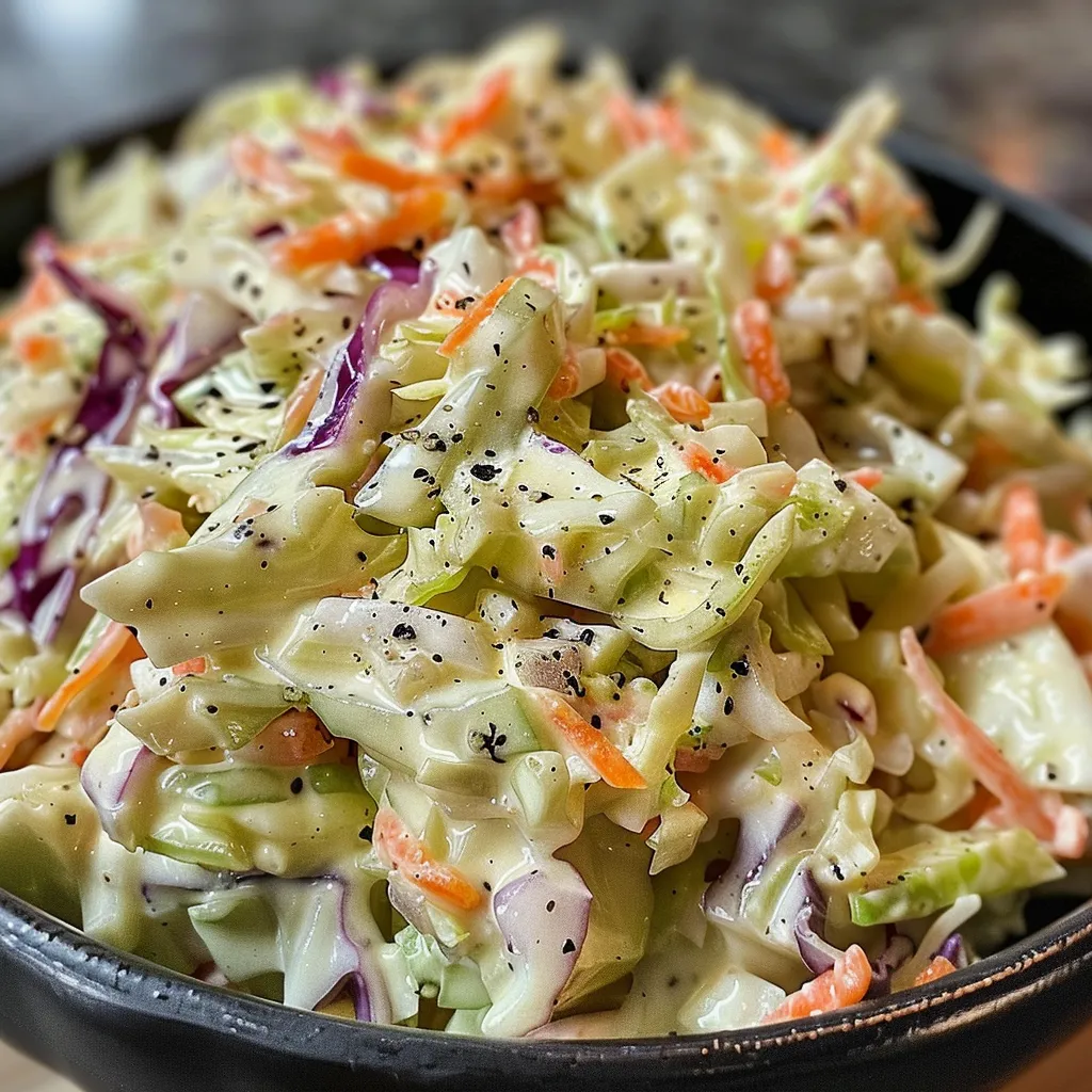 Close-up of a vibrant coleslaw with cabbage and carrots, garnished with a creamy dressing.