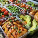Close-up side view of a colorful meal prep container filled with fresh vegetables and protein.