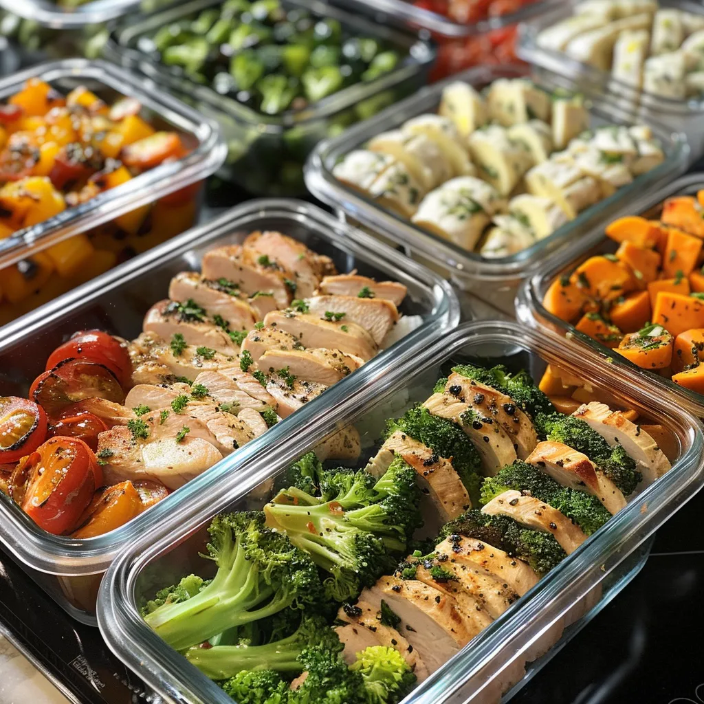 Vibrant meal prep dish showcasing a balanced assortment of healthy ingredients.