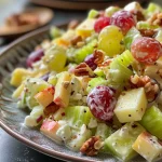Close-up view of a colorful Waldorf salad with apples, grapes, and nuts.