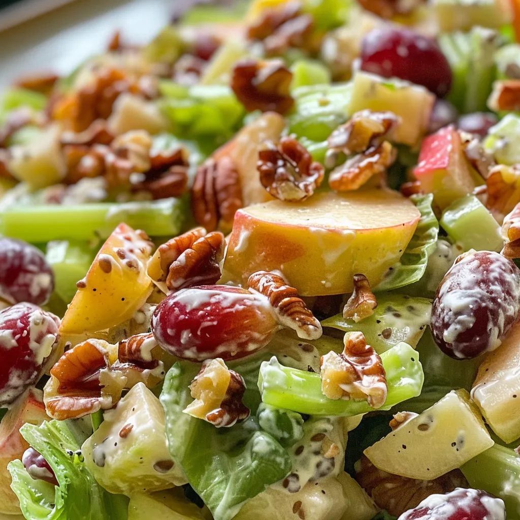 Side view of a fresh Waldorf salad showcasing chopped apples and celery.