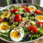 A close-up side view of a vibrant Niçoise salad showcasing fresh greens, hard-boiled eggs, cherry tomatoes, olives, and tuna.