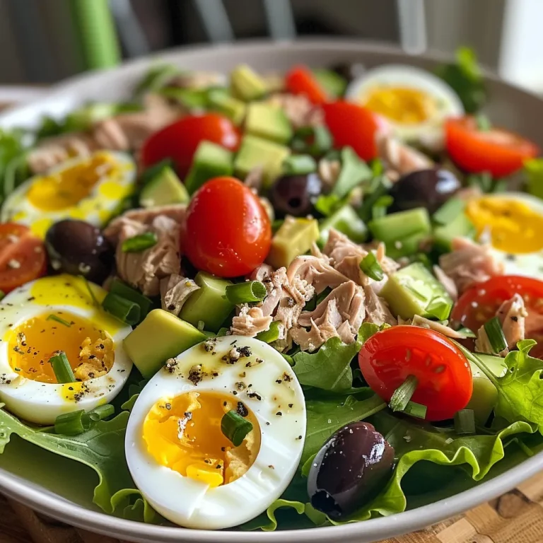 A close-up side view of a vibrant Niçoise salad showcasing fresh greens, hard-boiled eggs, cherry tomatoes, olives, and tuna.