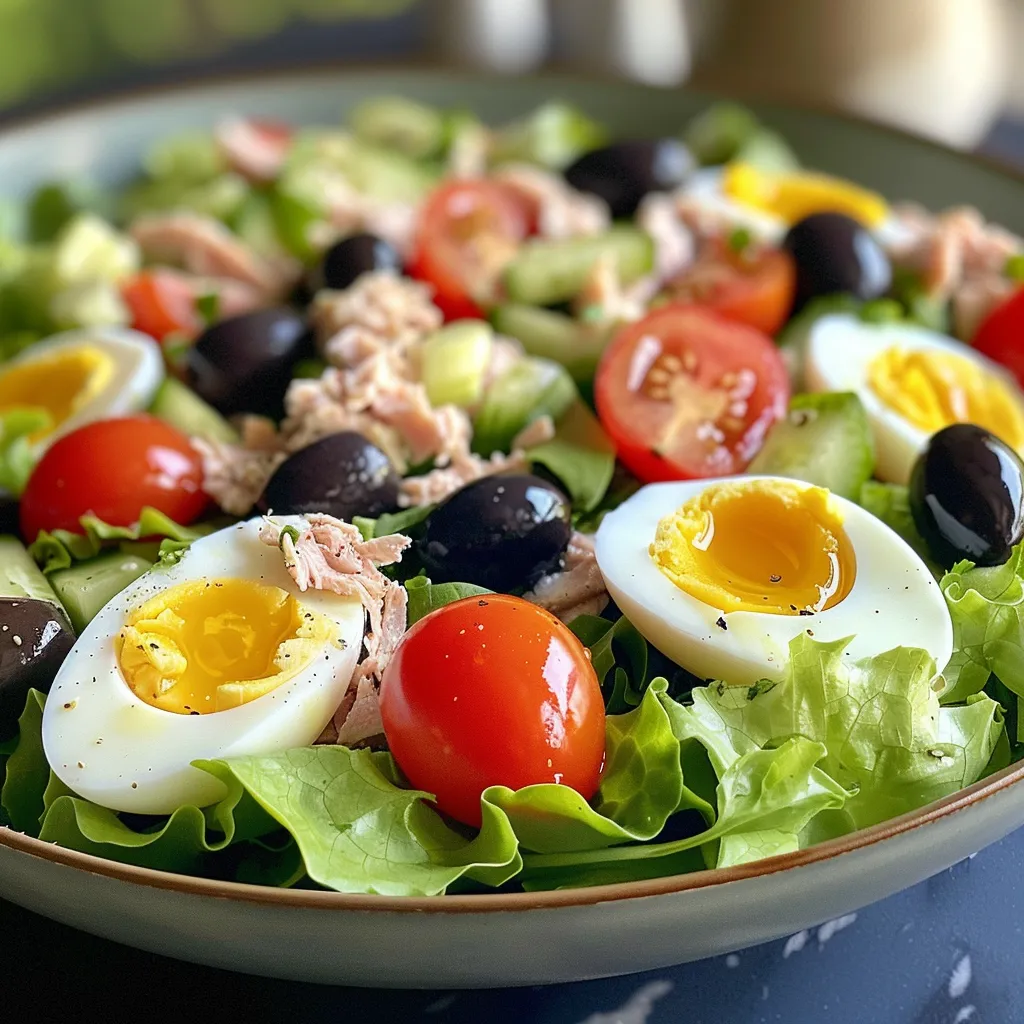 A colorful Niçoise salad arranged with mixed greens, tuna, halved cherry tomatoes, and garnished with black olives and green onions.
