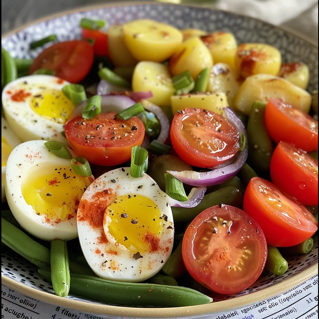Side view of a colorful Salade Niçoise showcasing fresh ingredients on a plate.