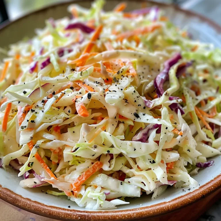 Close-up view of creamy coleslaw with shredded cabbage and carrot.