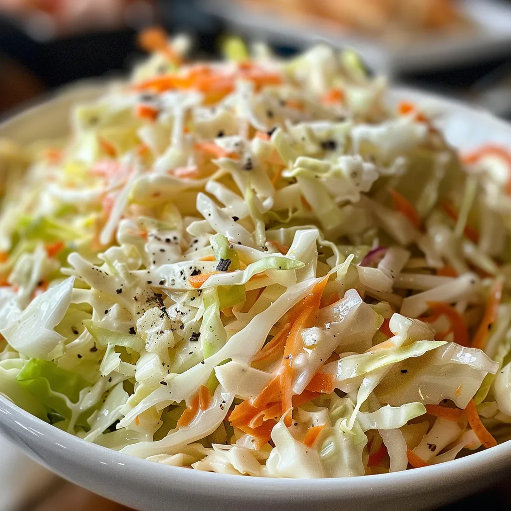 Side angle of Southern-style coleslaw in a white bowl, showcasing its creamy texture.