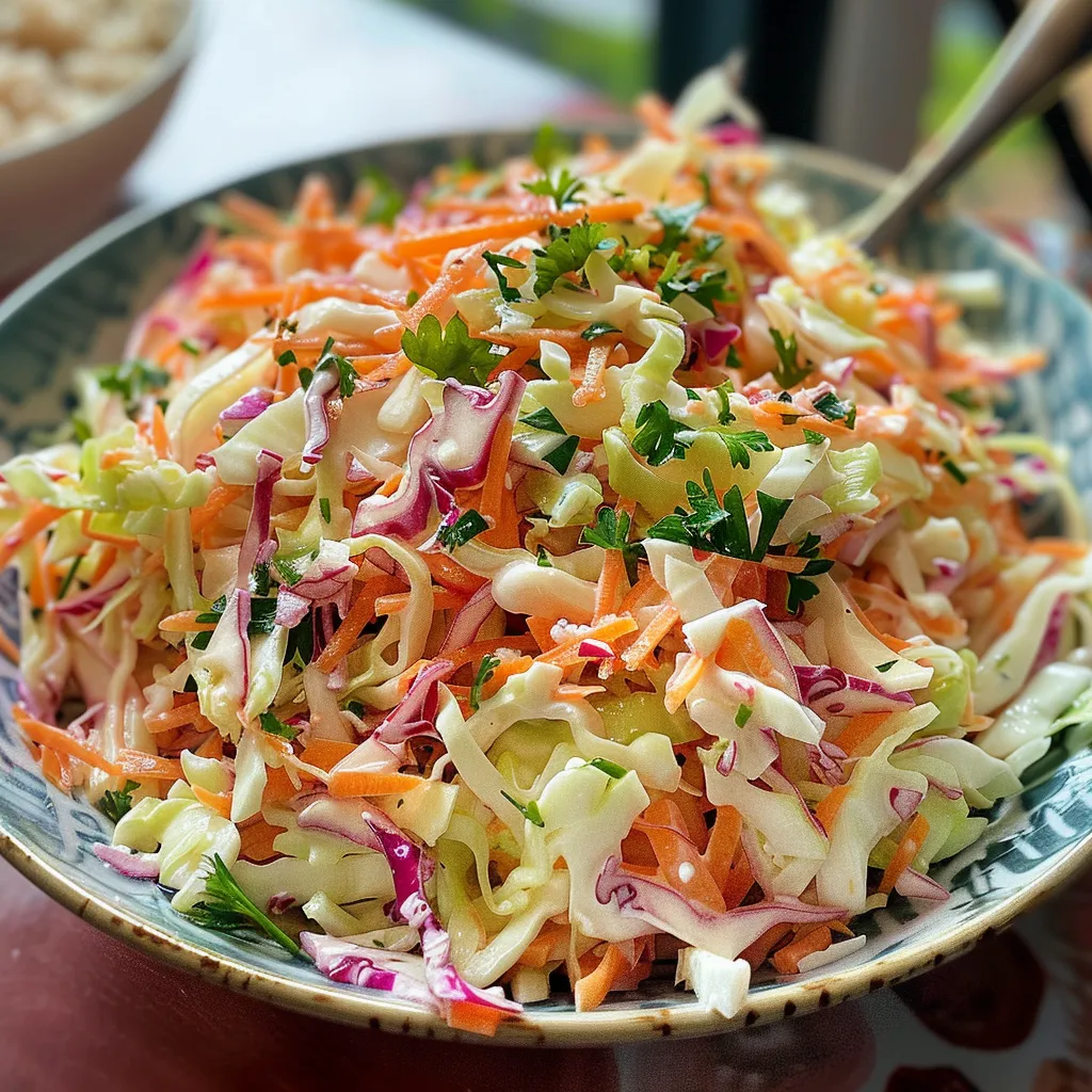 Side view of a fresh, colorful sweet coleslaw featuring green cabbage and grated carrots.