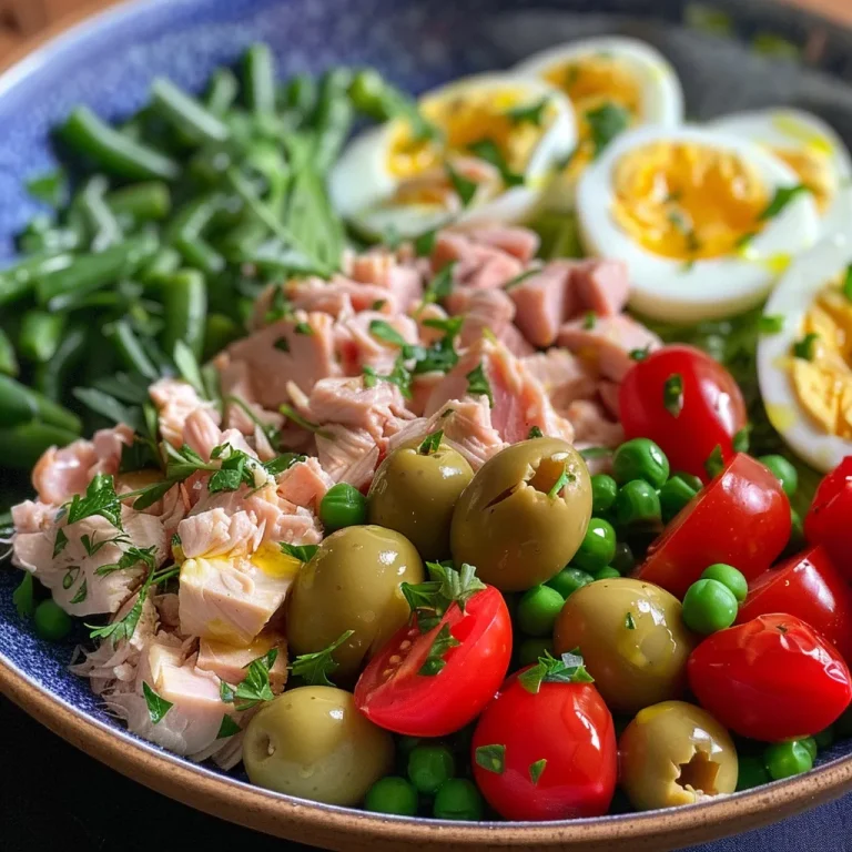 Close-up view of a Tuna Niçoise salad with bright vegetables and olive oil dressing.