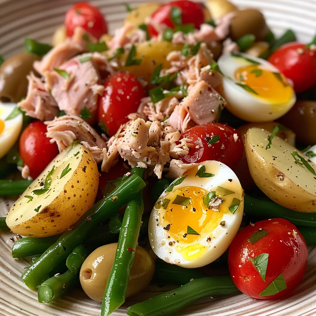 A vibrant Tuna Niçoise salad featuring tuna, eggs, and fresh greens, presented beautifully.