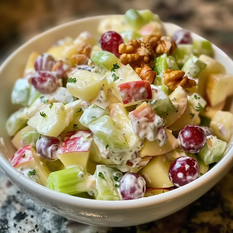 Close-up view of a colorful Waldorf Apple Salad featuring diced apples, grapes, celery, and walnuts.