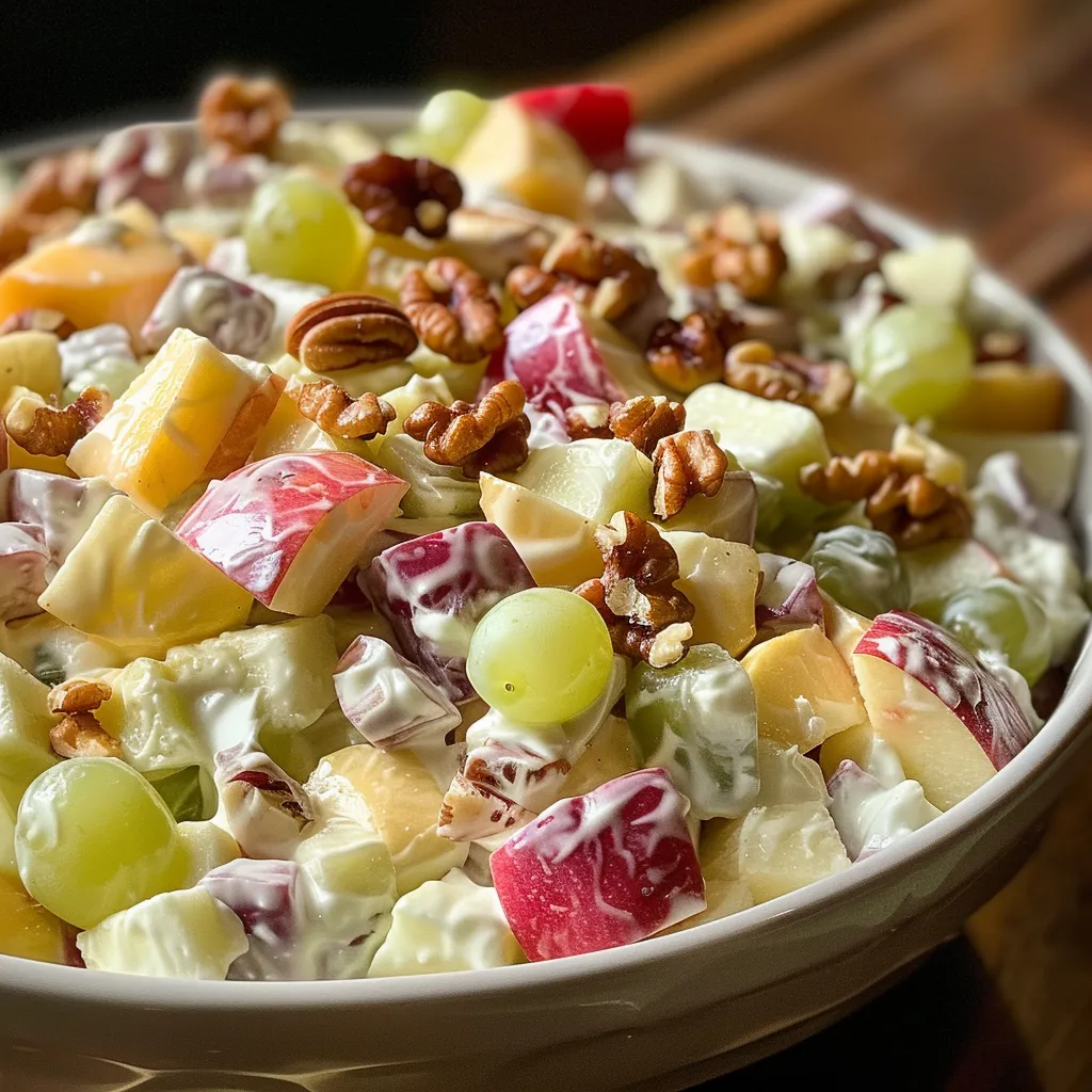 Side view of a fresh Waldorf Apple Salad in a bowl, showcasing vibrant fruits and creamy dressing.