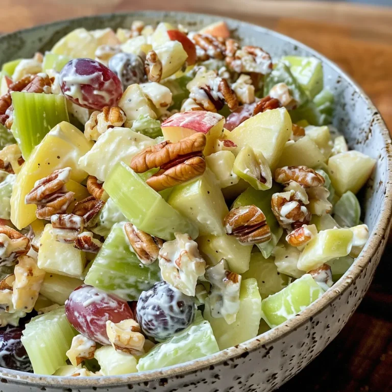 Close-up view of a colorful Waldorf salad with diced apples, grapes, celery, and walnuts.