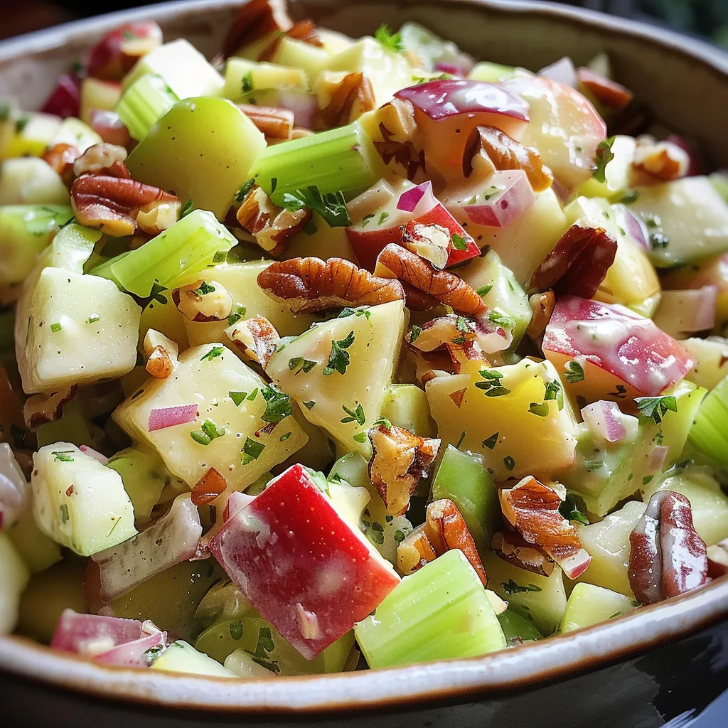 Detailed shot of a vibrant Waldorf salad featuring a mix of fruits and nuts in a creamy dressing.