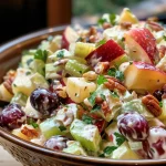 Close-up view of a colorful Waldorf salad featuring chopped apples, grapes, and walnuts, mixed with yogurt dressing.