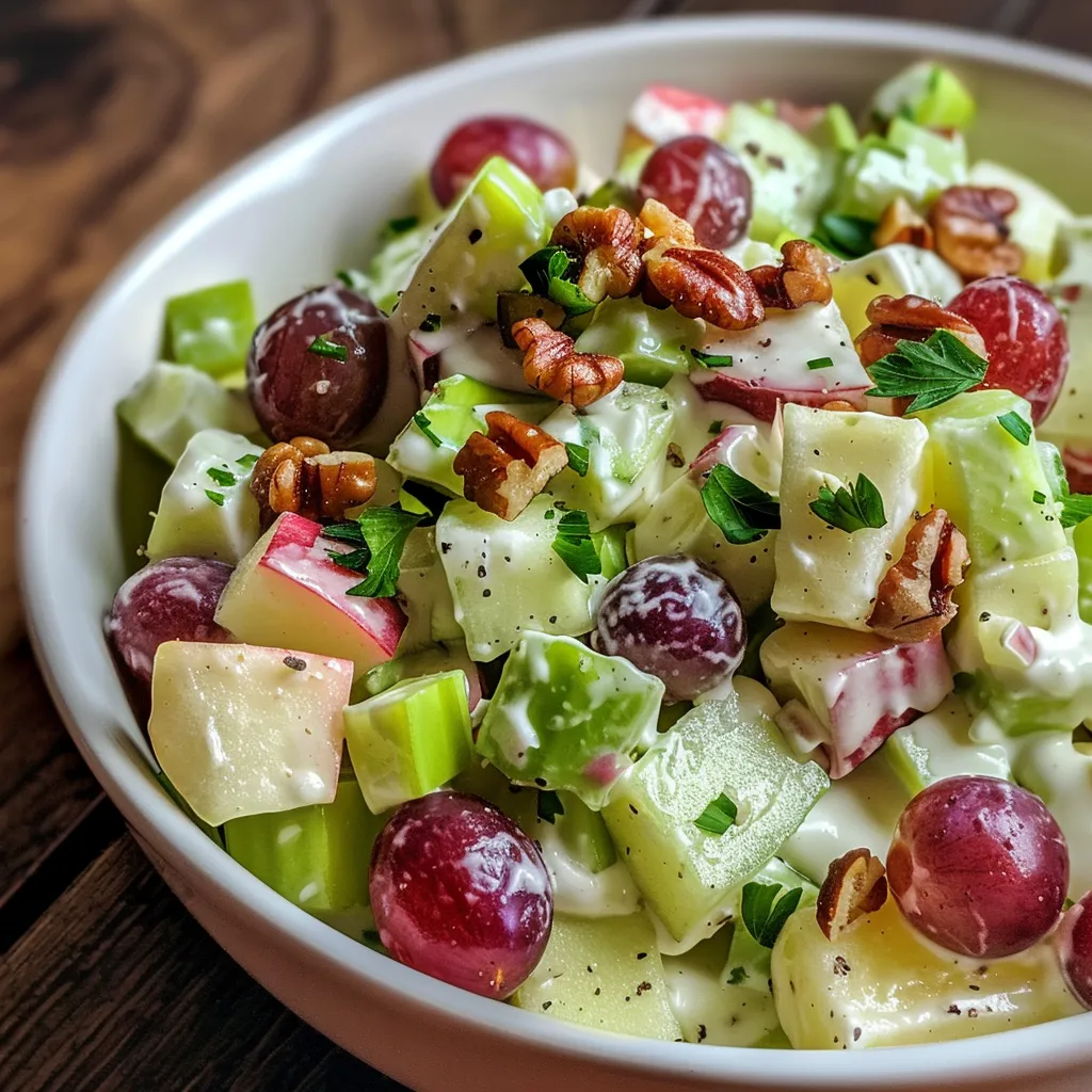 Side perspective of a vibrant Waldorf salad with creamy yogurt, showcasing apples, grapes, and celery.