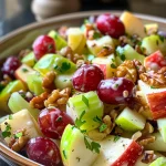 A close-up view of a vibrant Waldorf salad with red apples, celery, grapes, and walnuts.
